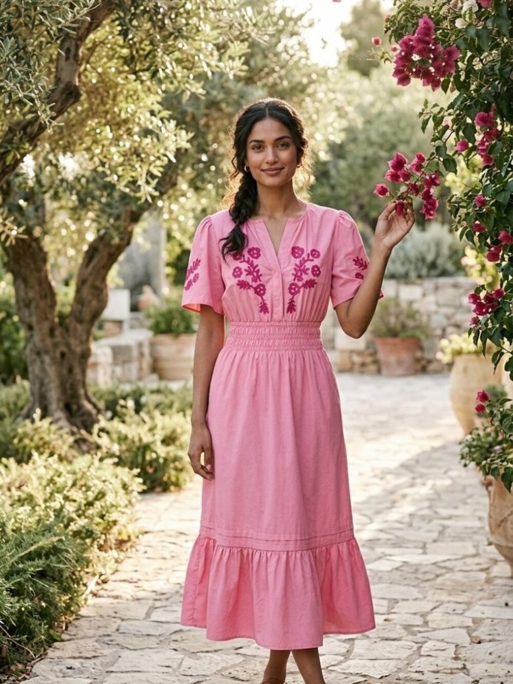 French Connection Women’s Size Medium Aurora Pink Embroidered Cotton Midi Dress
